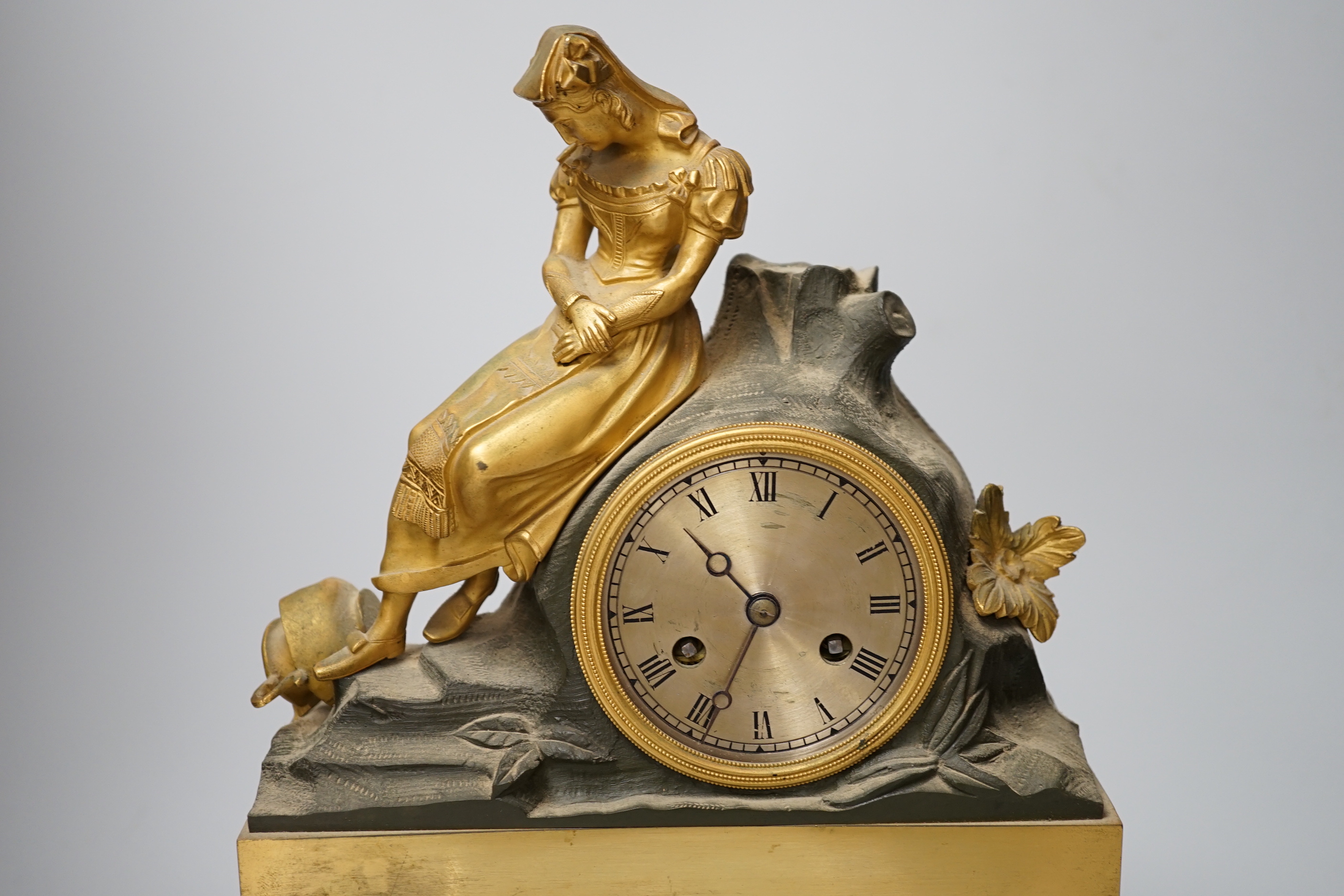 A 19th century French ormolu figural mantel clock, 37cm